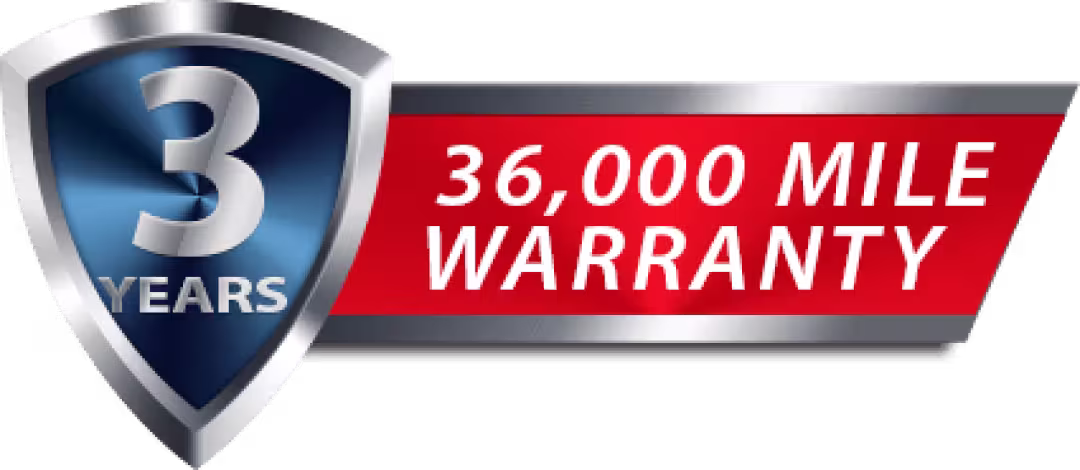 a logo of the shop's warranty with the text, "3 Years, 36,000 mile warranty"