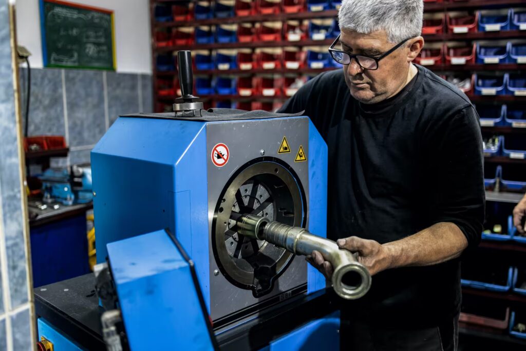 A man wearing glasses operates a blue industrial machine, holding a metallic pipe. Shelves with colorful bins are in the background. The scene conveys focus and precision.